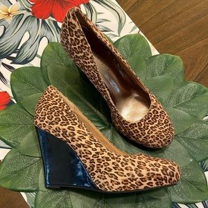 Women’s Apostrophe Leopard Print and Black Wedged Heels